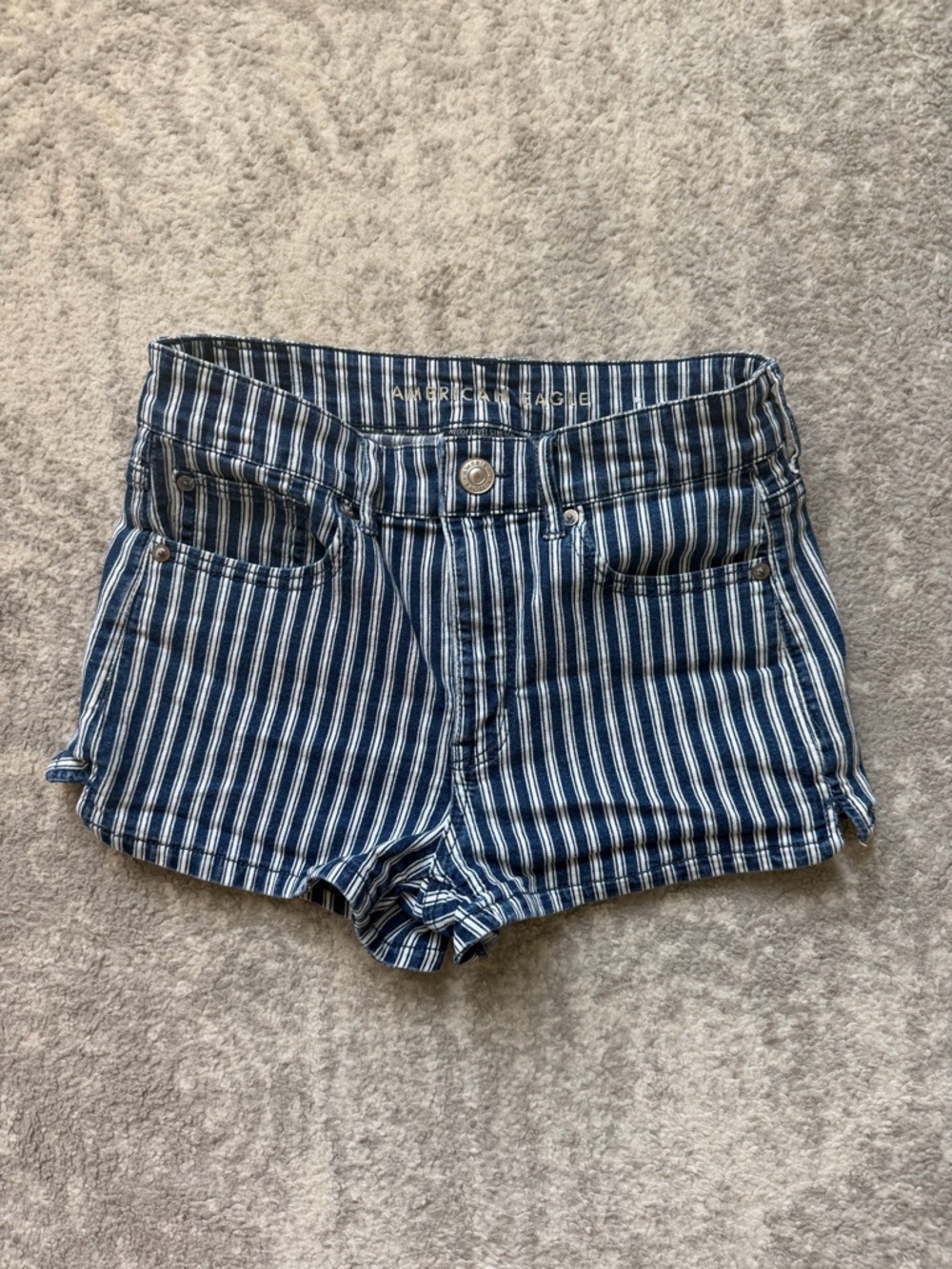 American Eagle Striped Denim Shorts Blue & White High Rise Stretch Size 6